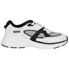 Boys White & Black Logo Leather Trainers, 1, hi-res