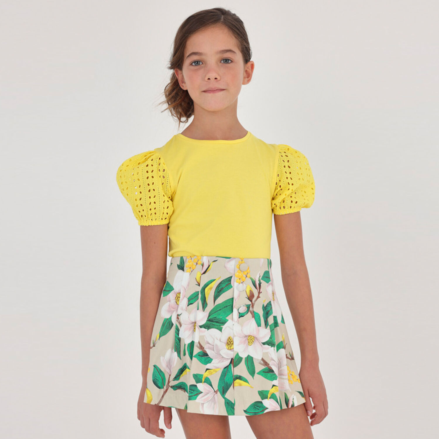 Girls Beige Floral Pleated Skort, 1, hi-res