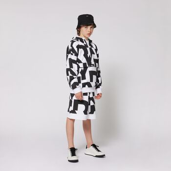 White & Black Logo Hooded Top