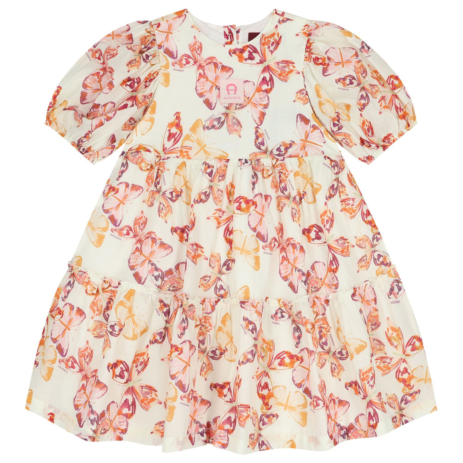 Girls Ivory & Pink Butterflies Logo Dress , 3, hi-res