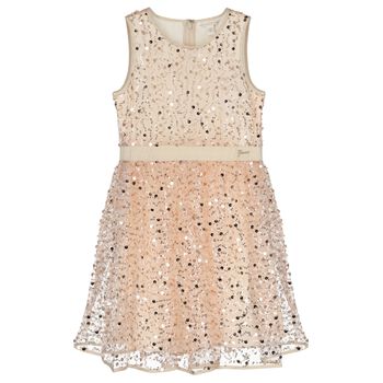 Girls Beige Embellished Sequin Dress