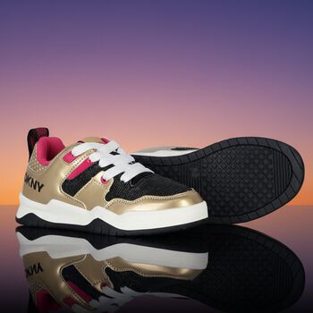 Girls Gold, Pink & Black Logo Trainers