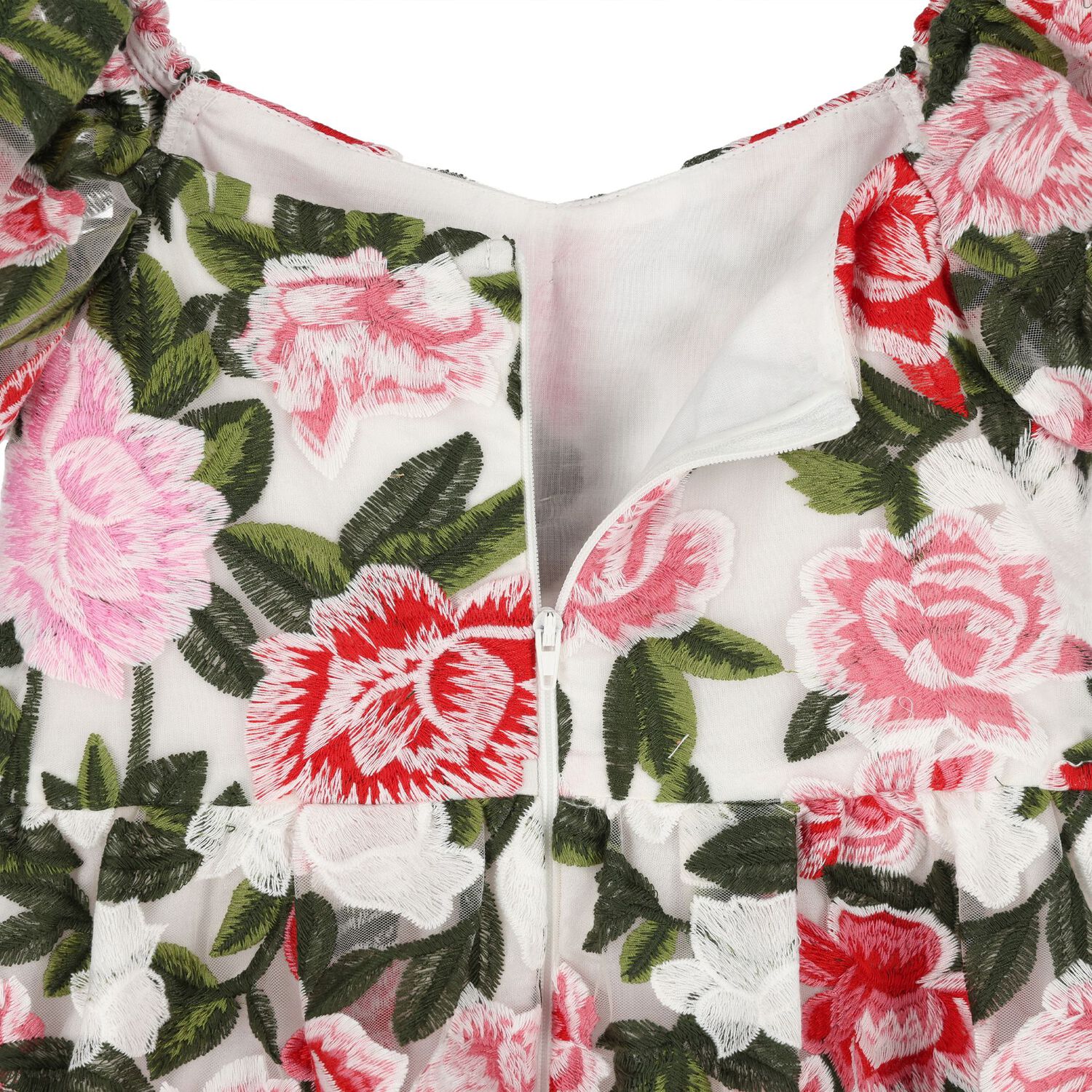 Girls Pink, Red & Green Embroidered Floral Dress, 1, hi-res
