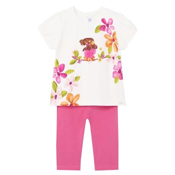 Younger Girls White & Pink Leggings Set