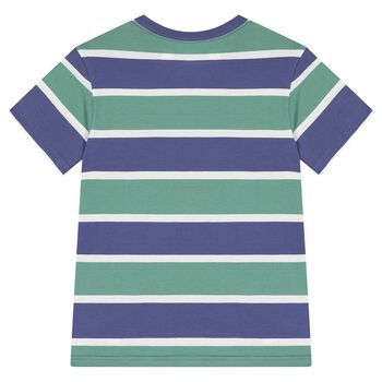 Boys Blue & Green Striped Bear Print T-Shirt