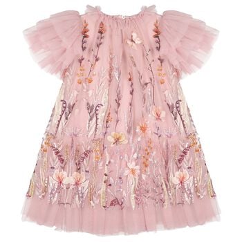 Girls Pink Floral Sequin Tulle Heather Dress