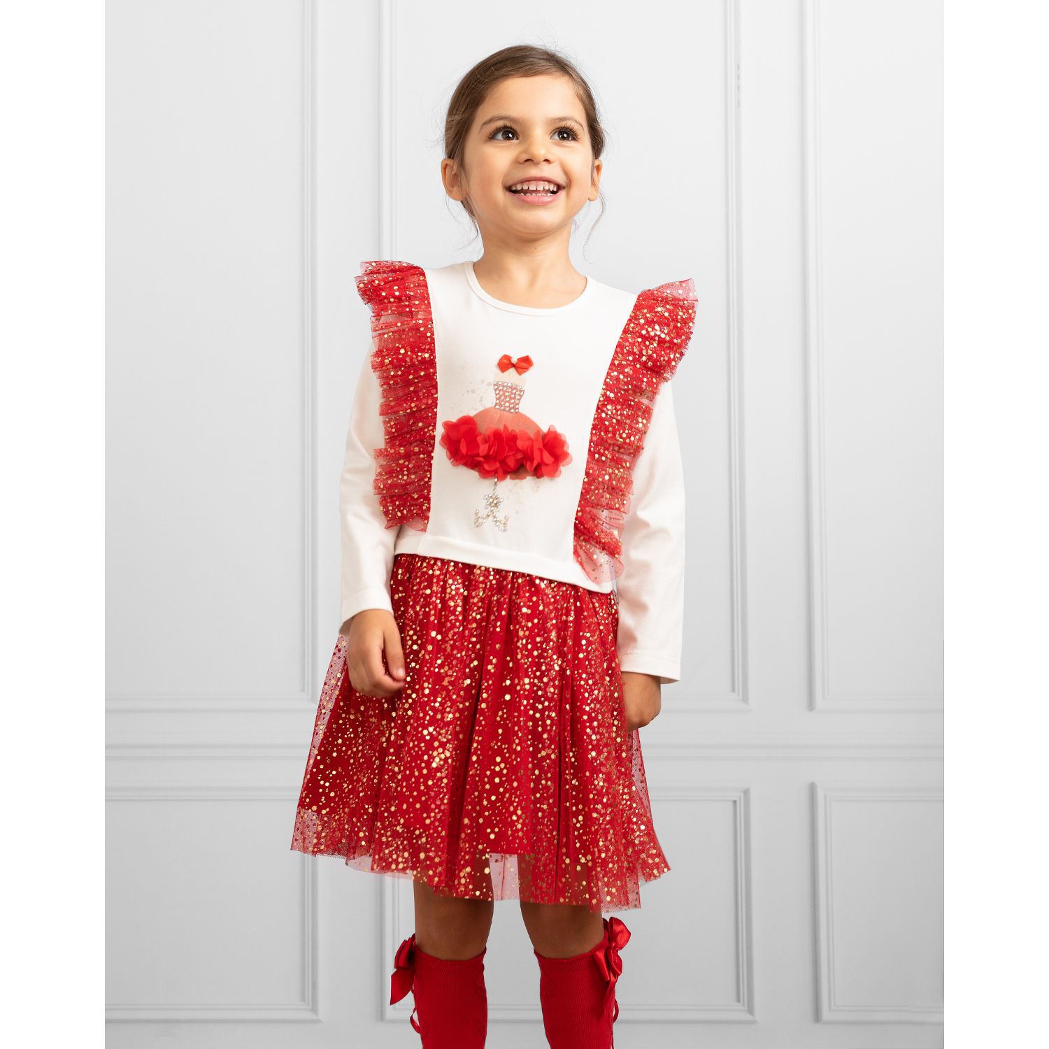 Girls White & Red Ruffle Tulle Dress, 2, hi-res