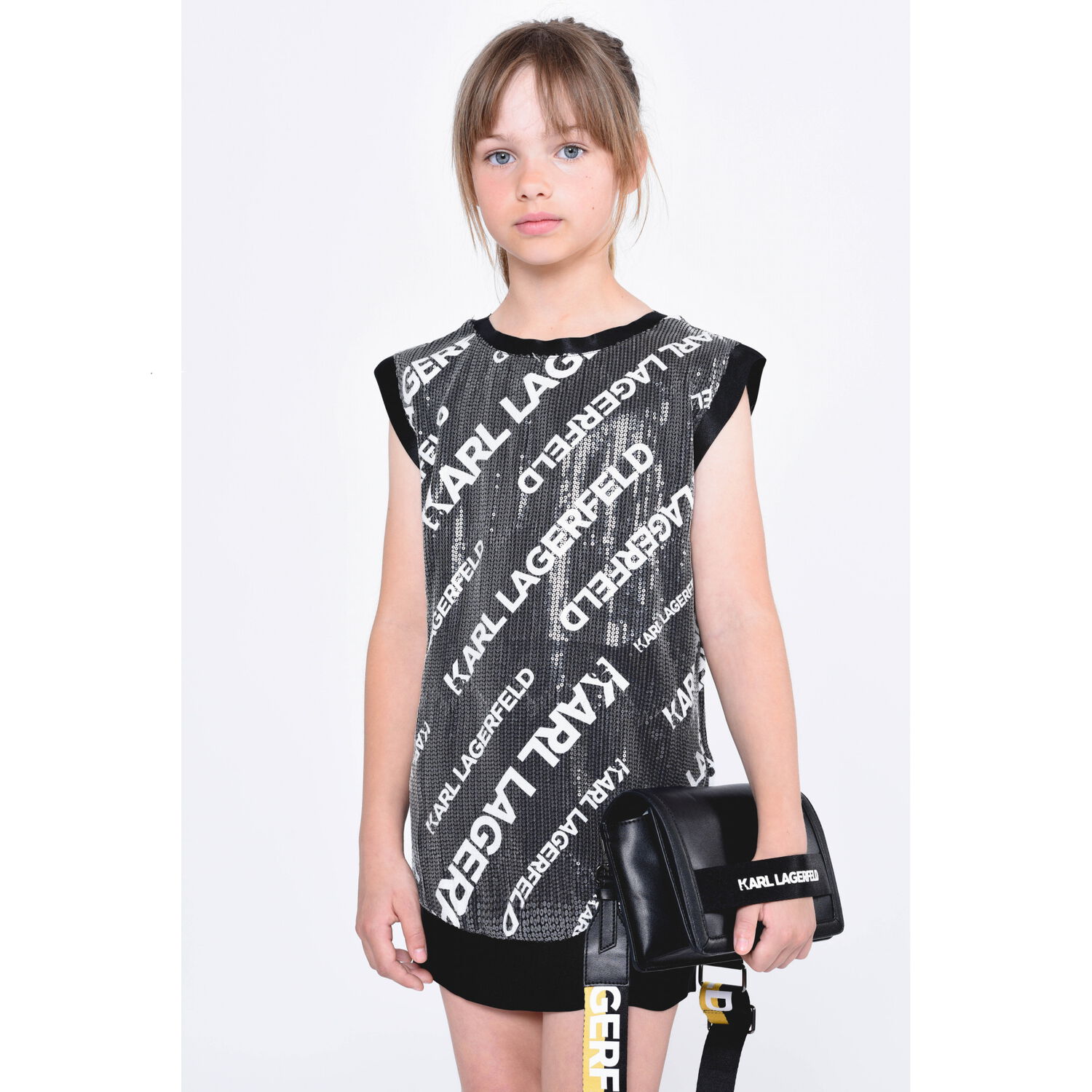 Girls Black & White Sequin Logo Dress, 1, hi-res
