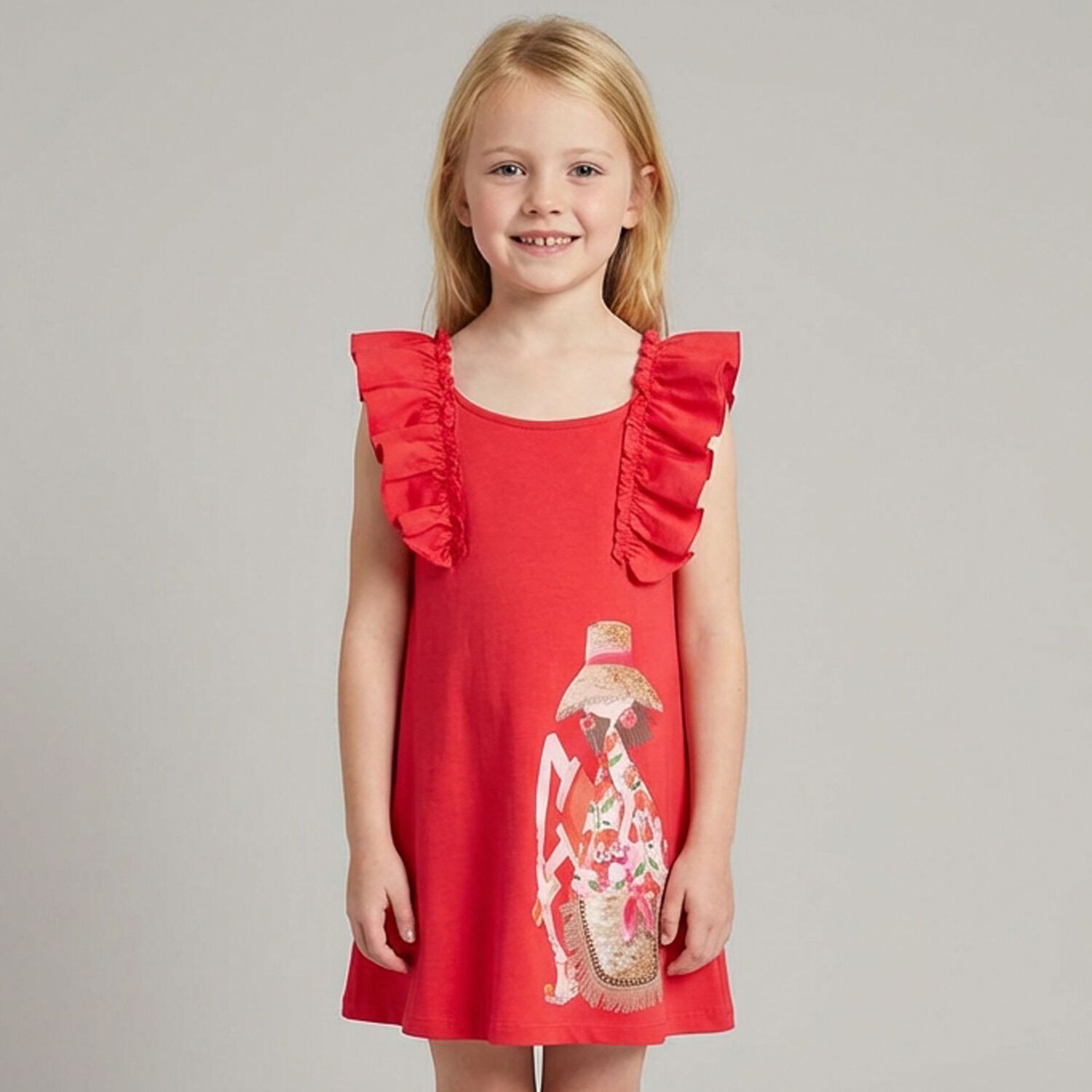 Girls Red Ruffled Dress, 3, hi-res