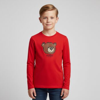 Boys Red Teddy Bear Long Sleeve Top, 2 Boys Red Teddy Bear Long Sleeve Top