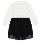 Girls White & Black Logo Tulle Dress, 1, hi-res
