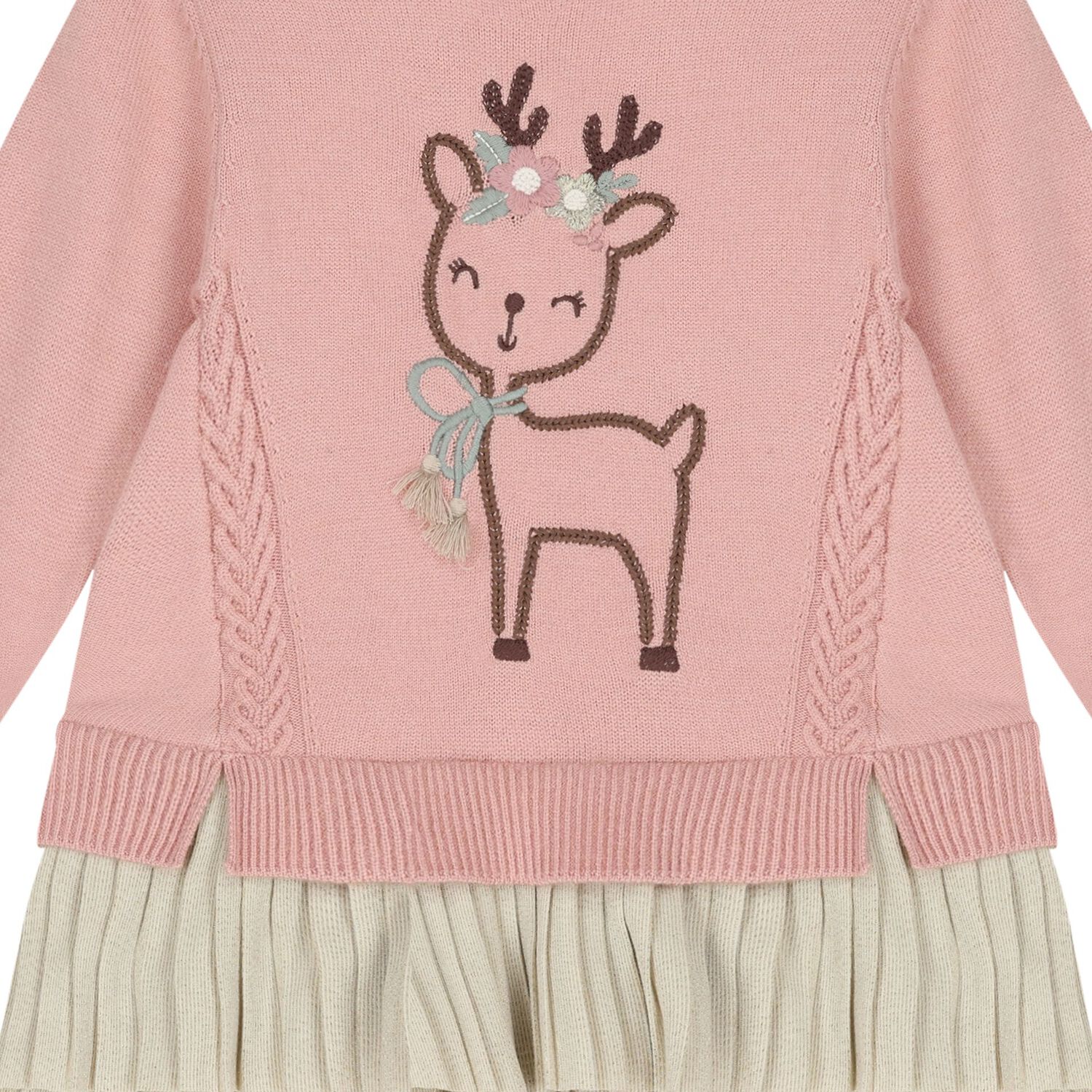 Younger Girls Pink & Beige Knitted Reindeer Dress, 2, hi-res