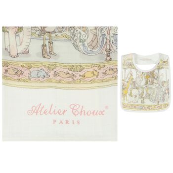 Baby Girls Ivory & Pink Carousel Carré Swaddle & Bib Gift Set