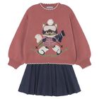Girls Pink & Navy Blue Fox Skirt Set, 2, hi-res