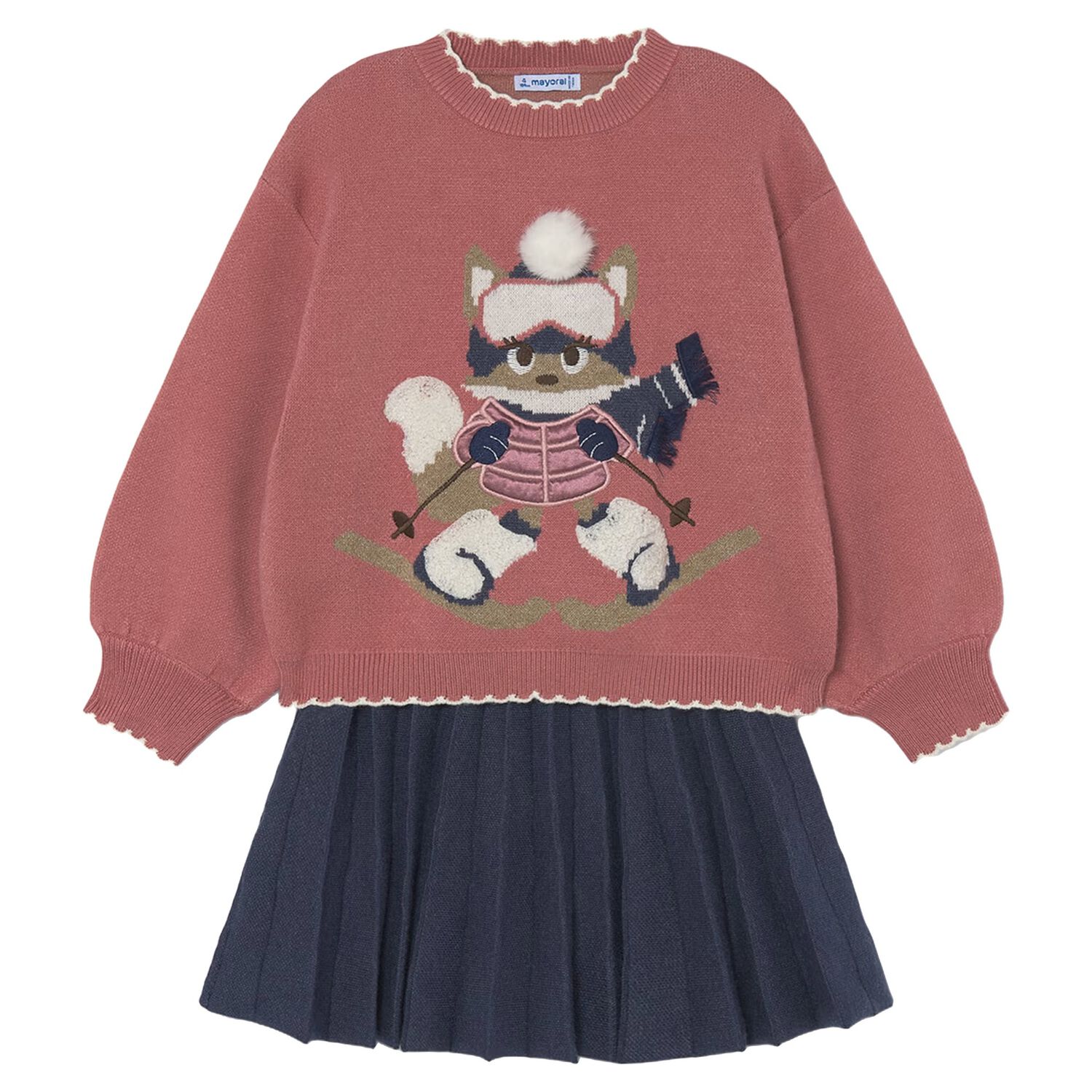 Girls Pink & Navy Blue Fox Skirt Set, 2, hi-res