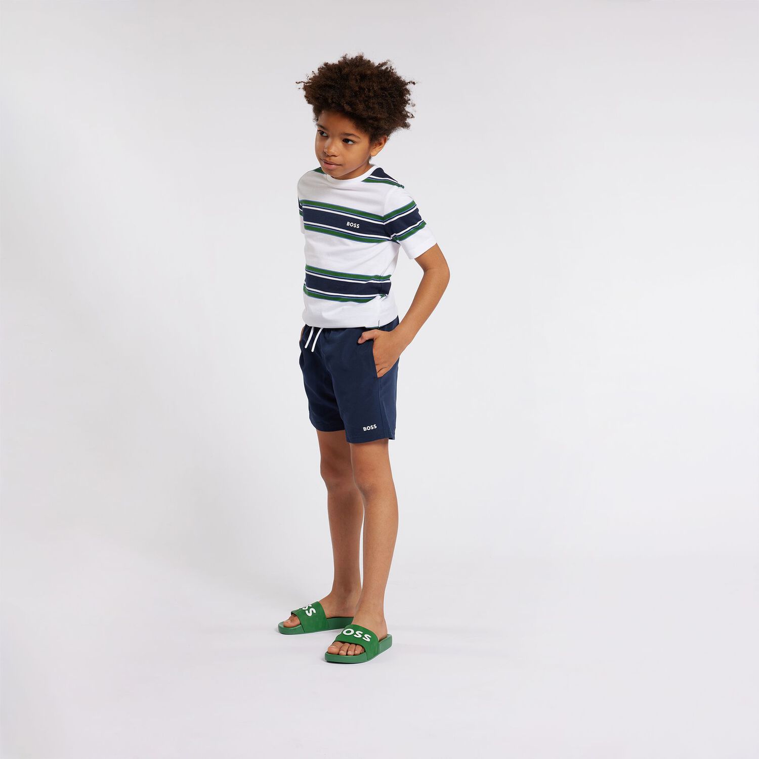 Boys White, Navy & Green Striped T-Shirt, 1, hi-res