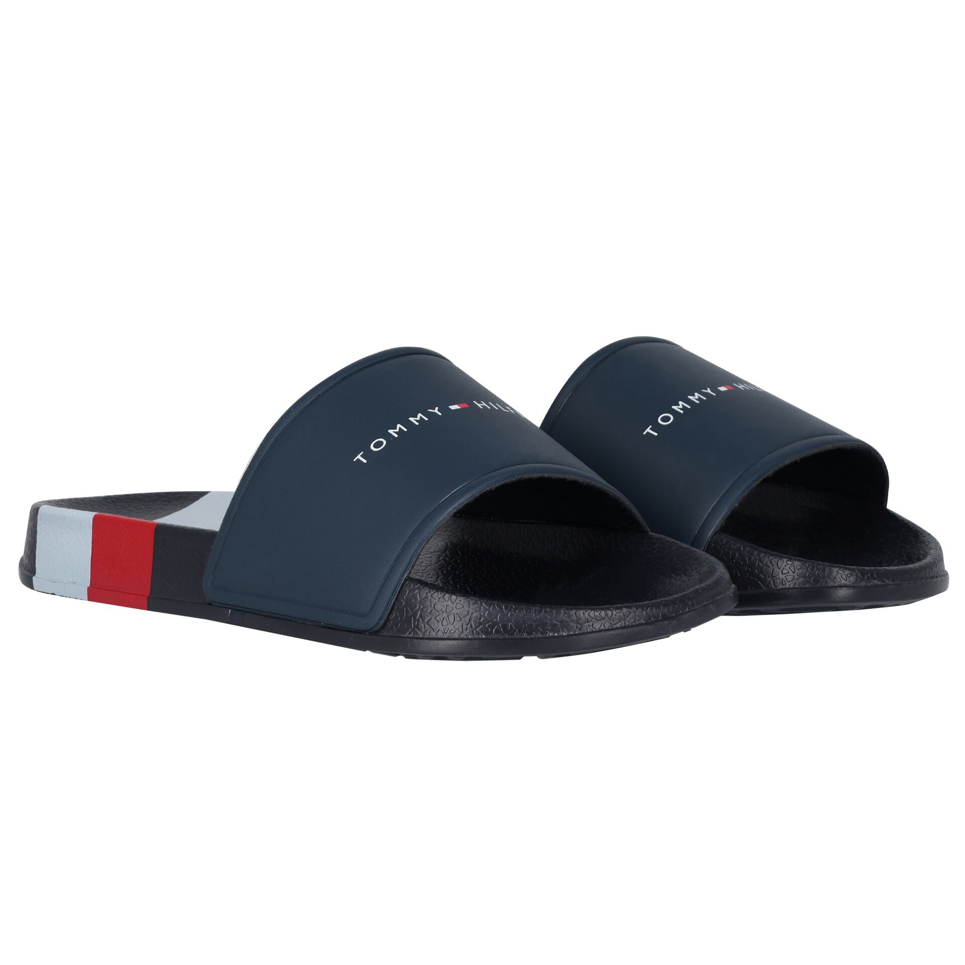 Tommy Hilfiger Boys Navy Blue Striped Logo Sliders Junior Couture UK
