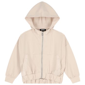 Girls Beige Logo Hooded Zip-Up Top