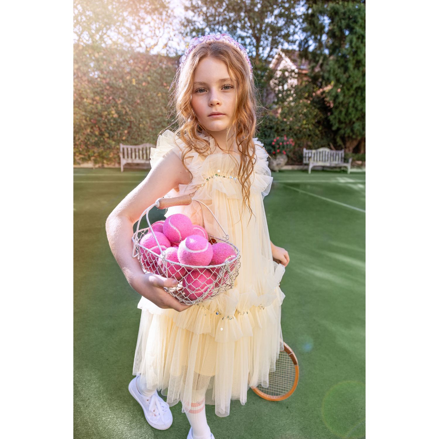 Girls Yellow Ruffled Tulle Dress, 1, hi-res