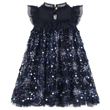 Girls Navy Blue Embellished Tulle Dress