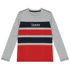 Boys Grey, Navy & Red Logo Long Sleeve Top, 2, hi-res