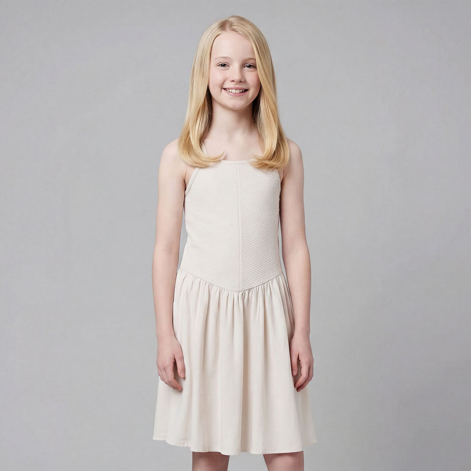 Girls Ivory Ribbed Dress, 2, hi-res