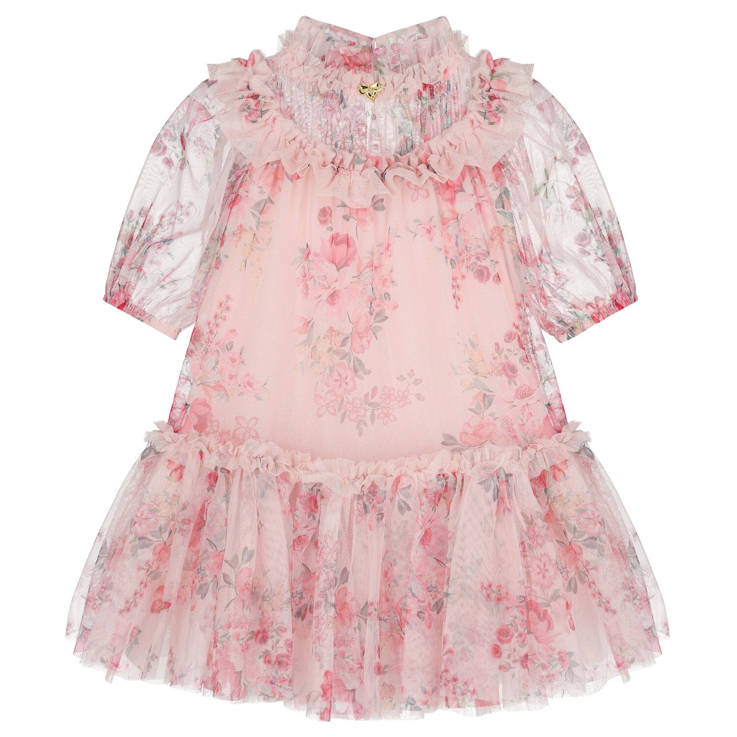 Girls Pink Floral Tulle Dress, 1, hi-res