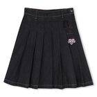 Girls Navy Blue Logo Denim Pleated Skirt, 1, hi-res