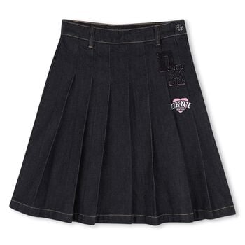 Girls Navy Blue Logo Denim Pleated Skirt