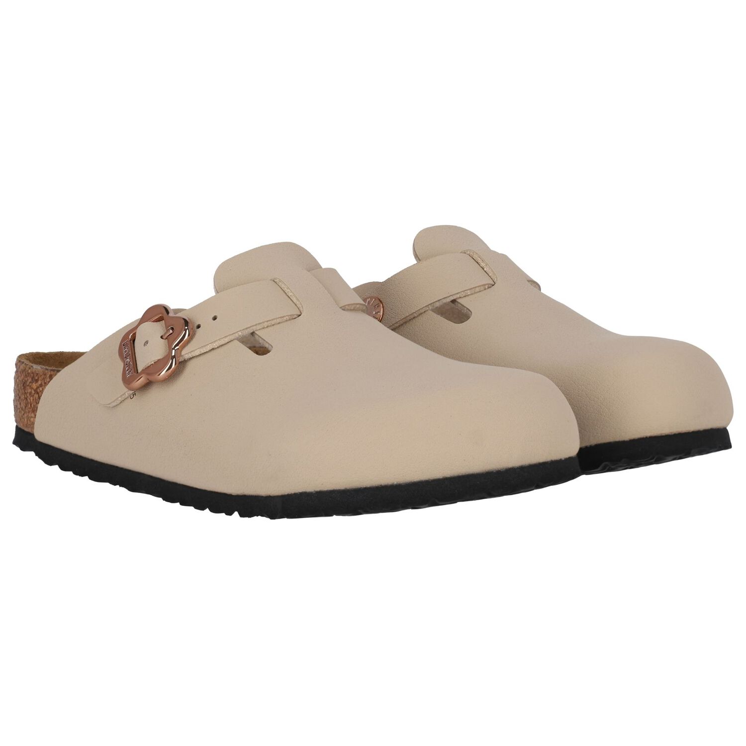Girls Beige Flower Buckle Leather Clog, 1, hi-res