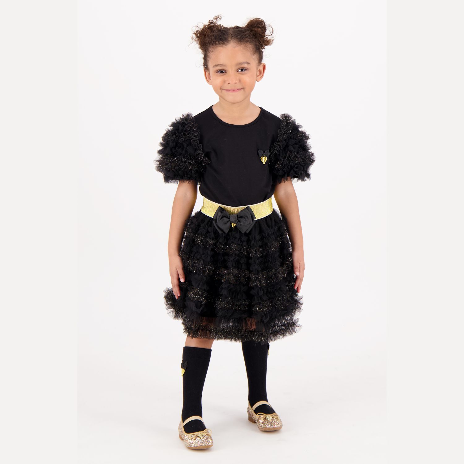 Girls Black & Gold Glitter Skirt, 1, hi-res