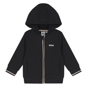 Younger Boys Black Logo Hooded Zip Up Top