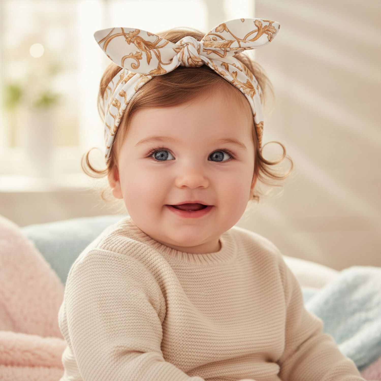 Baby Girls White & Gold Bow Headband  , 1, hi-res