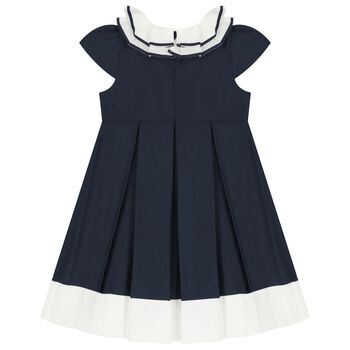 Girls Navy Blue Ruffled Collar Pleated Dress
