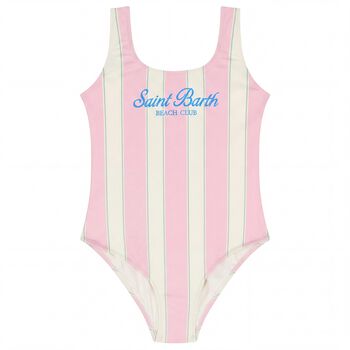 Girls Pink & Ivory Striped Logo Swimsuit