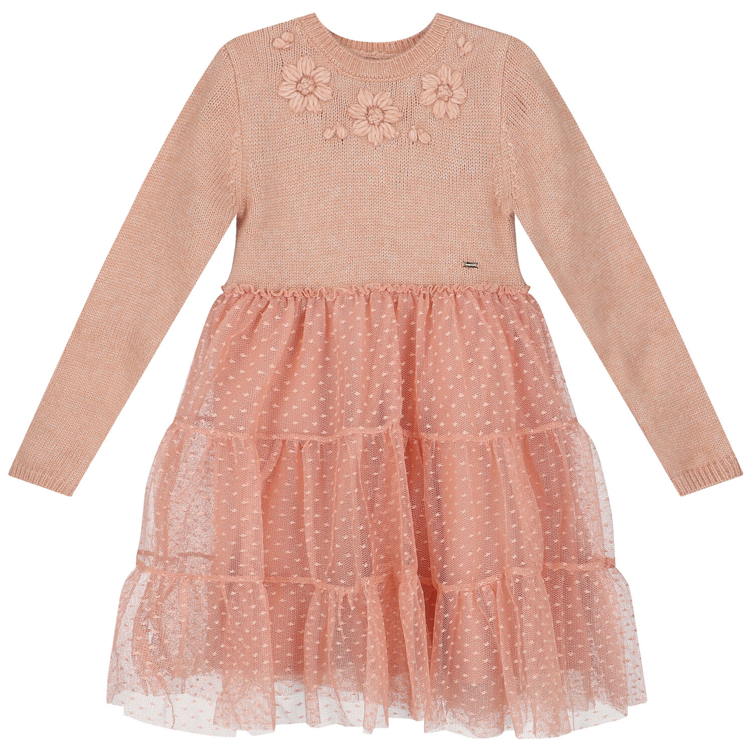 Girls Pink Knitted Tulle Dress, 1, hi-res