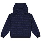 Boys Navy Blue Logo Hooded Top, 1, hi-res