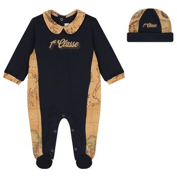 Baby Boys Navy Blue & Beige Geo Map Babygrow Set