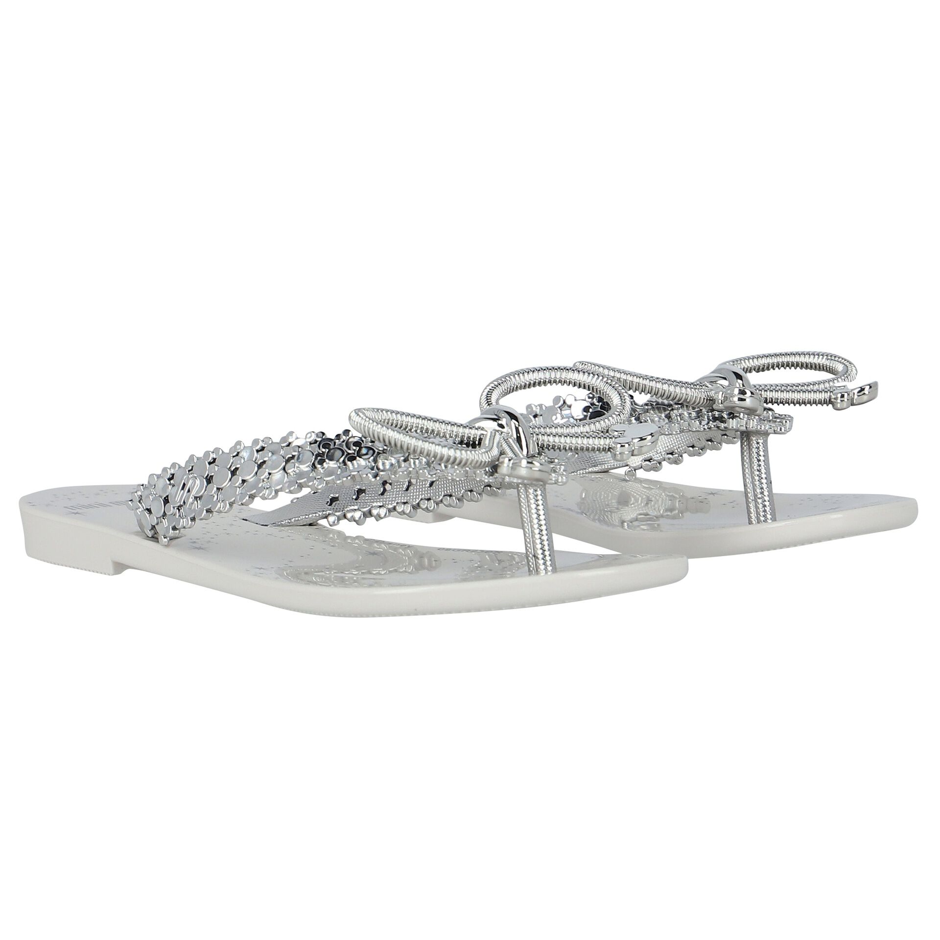 Mini Melissa Girls Ivory Silver Bow Flip Flops Junior Couture UK