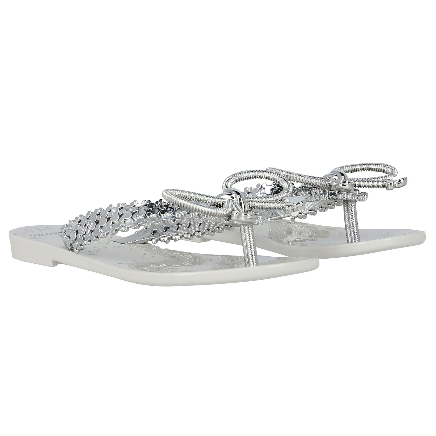 Girls Ivory & Silver Bow Flip Flops, 1, hi-res image number null