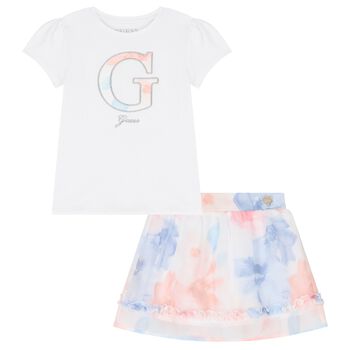 Girls White & Pink Chiffon Skirt Set