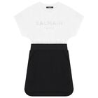 Girls Black and White Cotton Dress, 2, hi-res