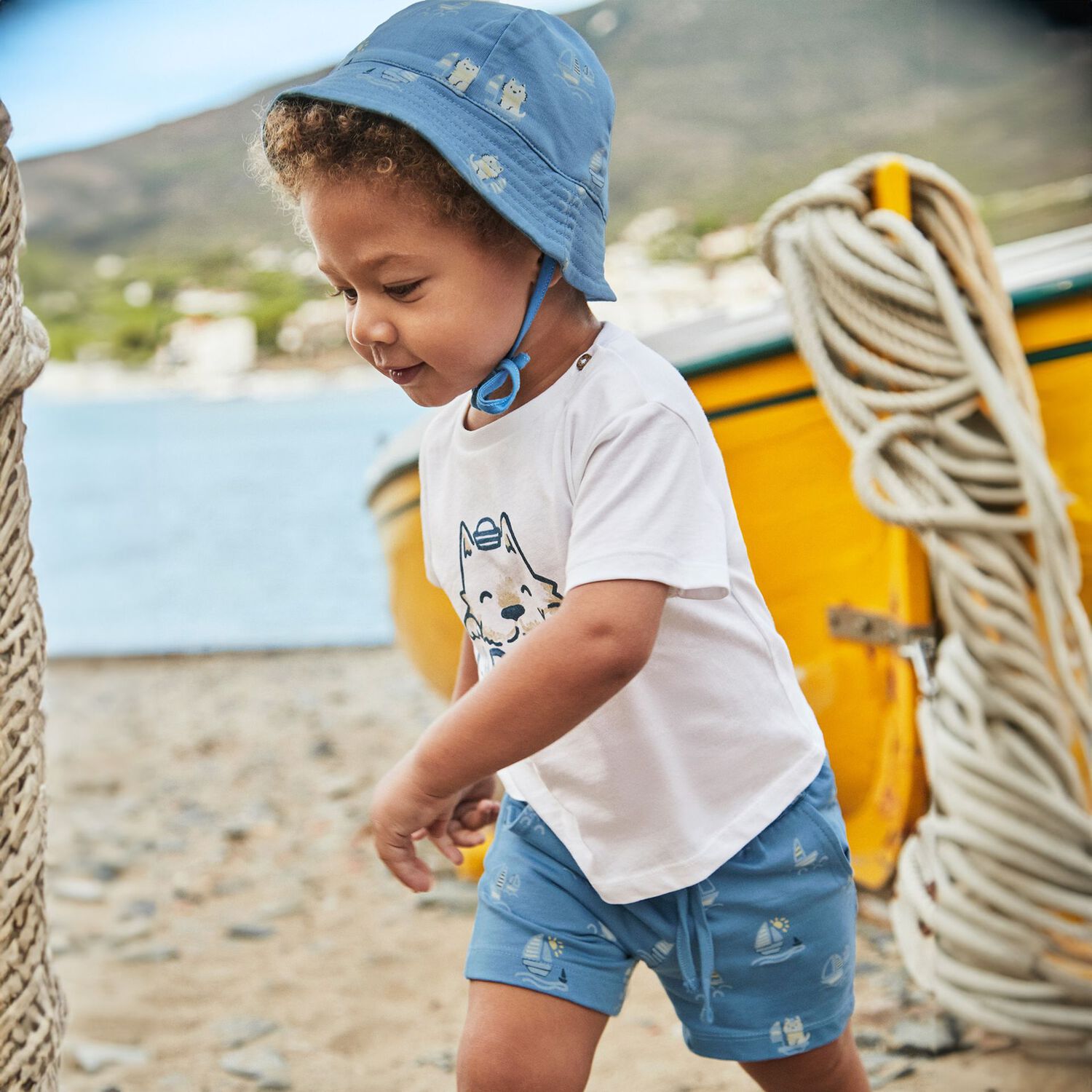 Younger Boys White & Blue Shorts Set, 1, hi-res