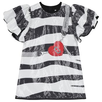 Girls Black & Ivory Zebra Sequin Dress