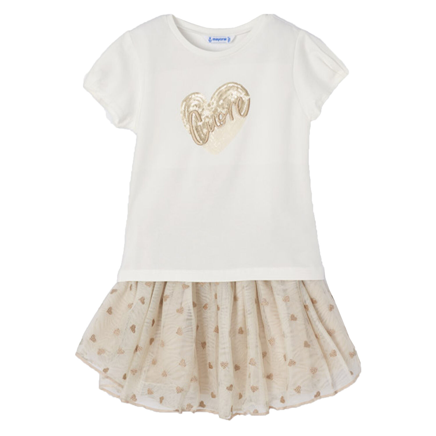 Girls White & Gold Tulle Skirt Set, 2, hi-res