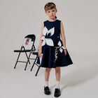 Girls Navy Blue & White Satin Floral Dress, 2, hi-res