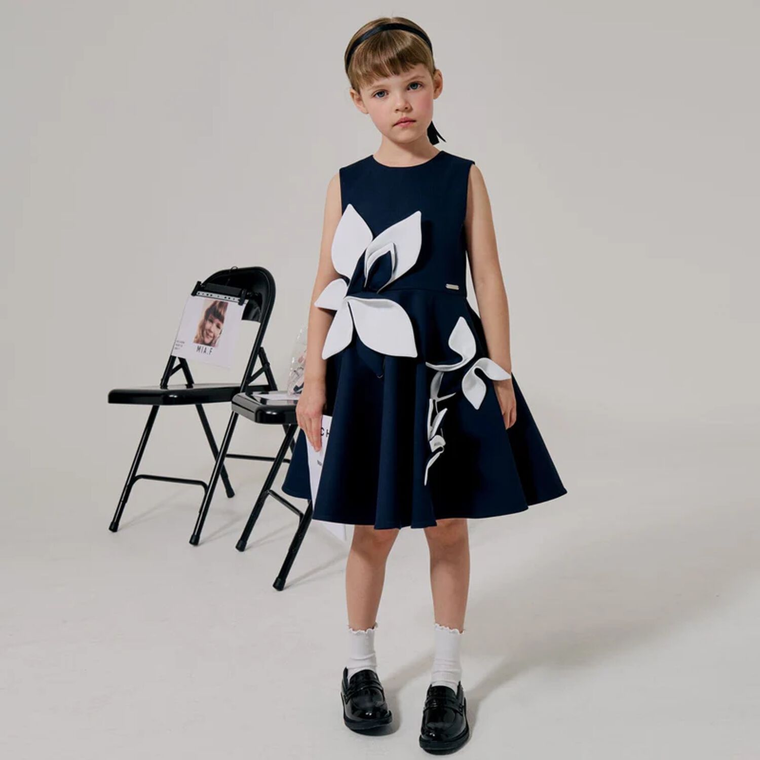 Girls Navy Blue & White Satin Floral Dress, 2, hi-res image number null