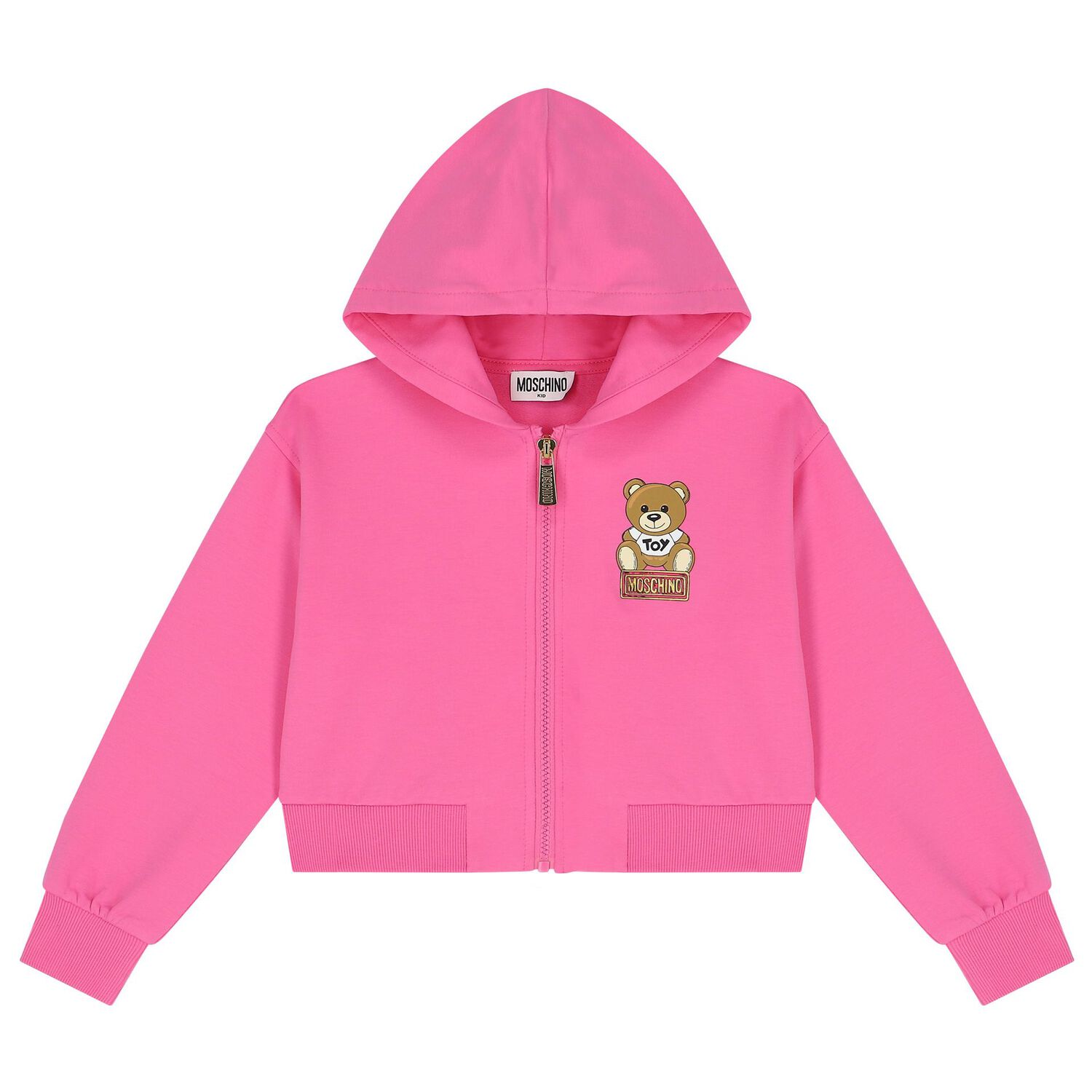 Girls Pink Teddy Bear Logo Hooded Zip Up Top, 1, hi-res