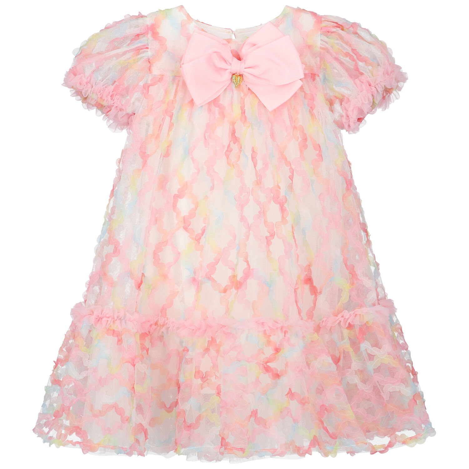 Girls White & Pink Tulle Bow Dress, 1, hi-res