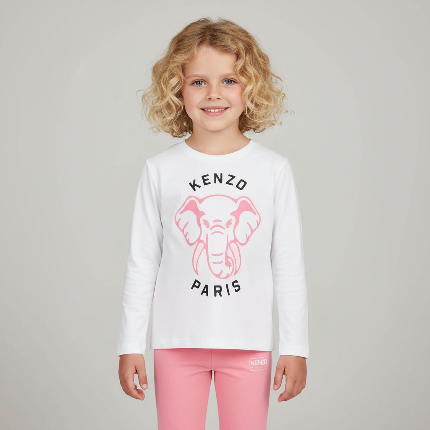 Girls White Elephant Logo Long Sleeve Top, 1, hi-res